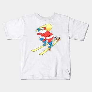 two funny dogs travel on Santa Claus's skis at full speed towards merry Christmas in the snow Retro Vintage Comic Cartoon Kids T-Shirt